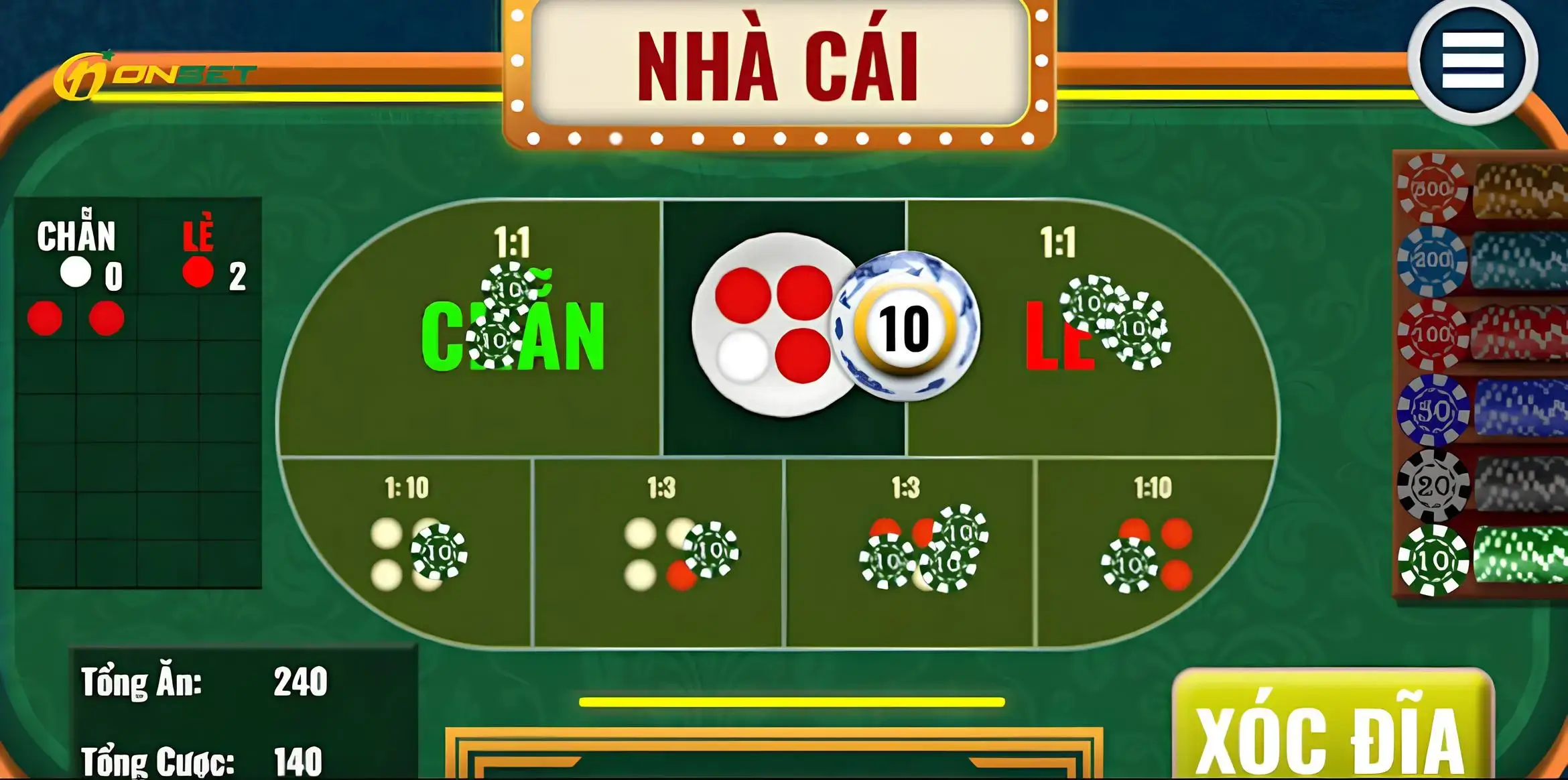 Các cửa cược trong game xóc đĩa online tại Onbet